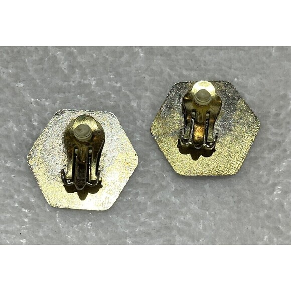 Vintage Cloisonné Bird Clip On Earrings Retro Bird Lovers Gold Tone Hexagon - Picture 7 of 10